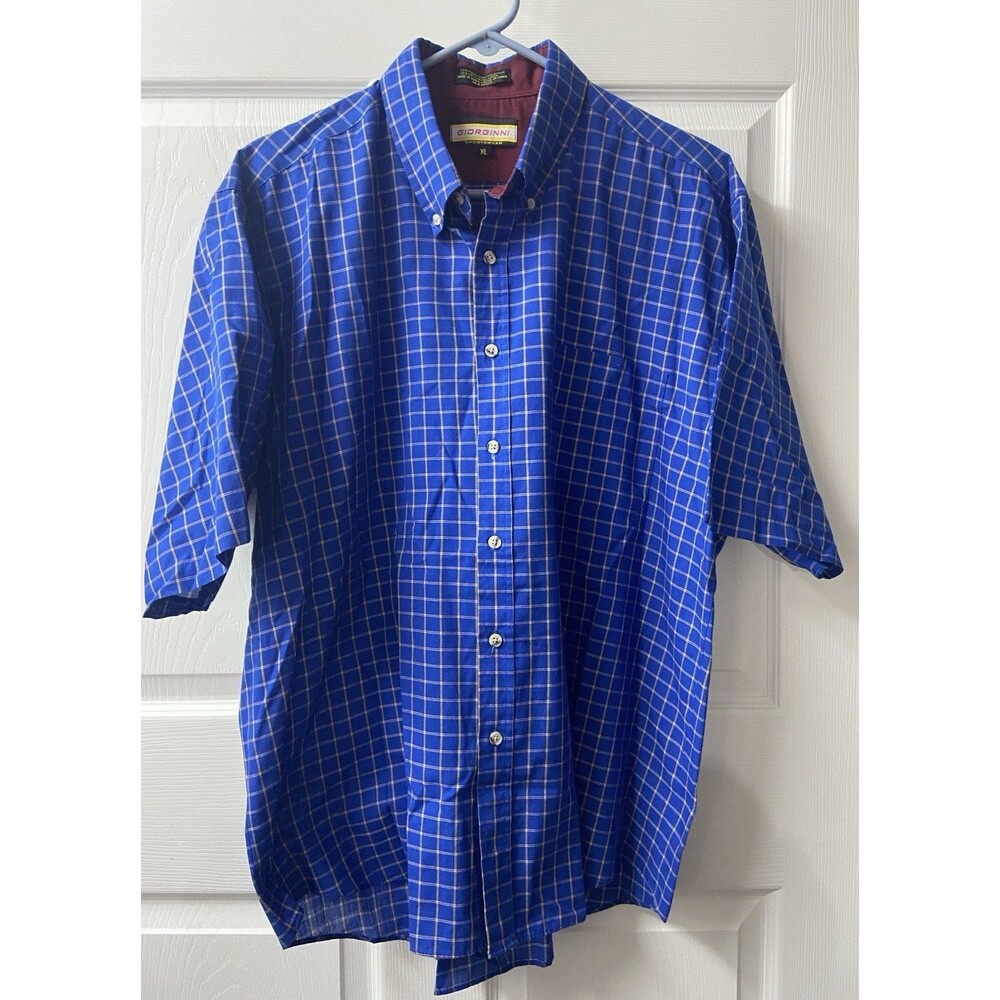 VTG Giorginni Sportswear Shirt Mens XL Blue Button Front Camp Shirt Plaid Pocket